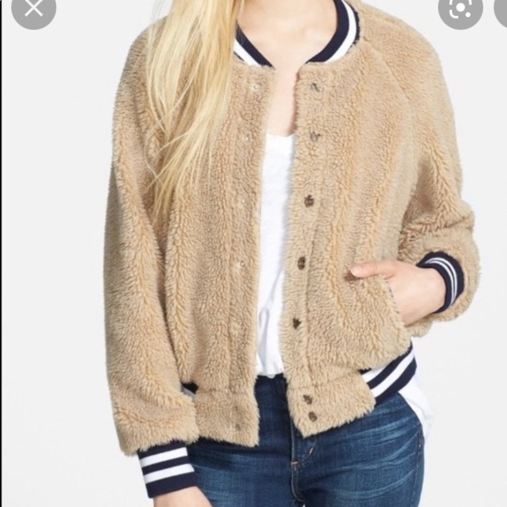 MOTHER Tan Fleece Jacket with Black and White Trim